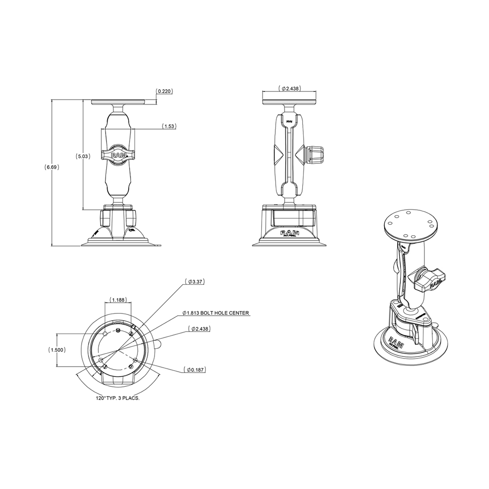 RAM Mount Twist Lock Suction Cup w/Round Base Adapter 3