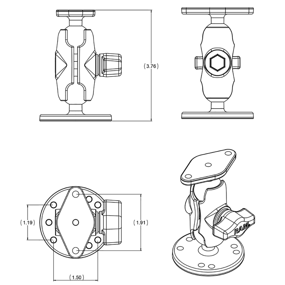 RAM Mount Flat Surface Mount Short Arm w/Diamond Base 2