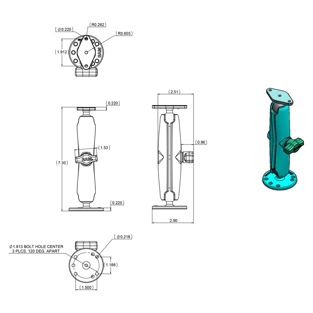 RAM Mount Flat Surface Mount Long Arm w/Diamond Base 2