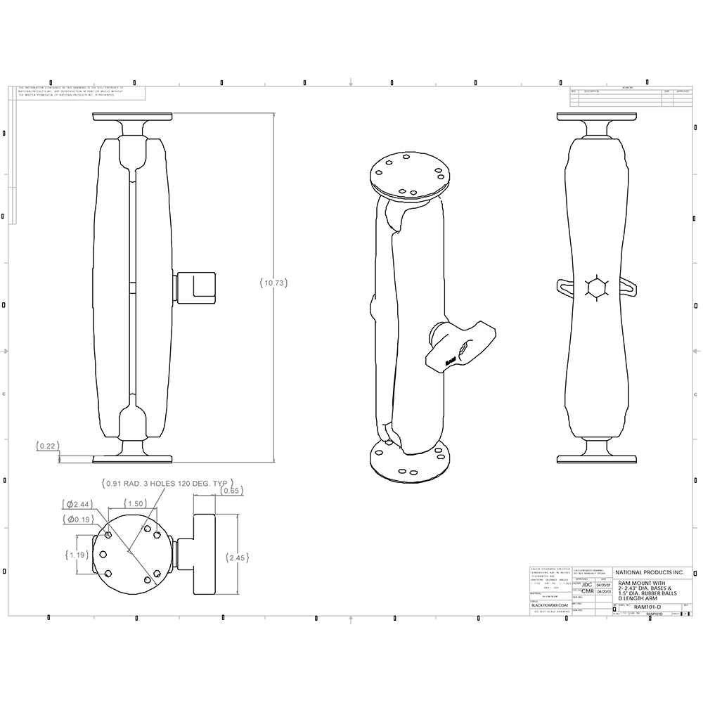 RAM Mount Ball Mount w/Long Double Socket Arm & 2-2.5" Round Bases w/AMPs Pattern 2