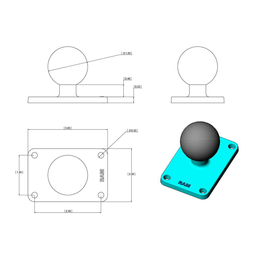 RAM Mount 2" x 3" Rectangle Base w/1.5" Ball 2