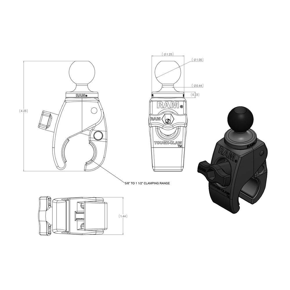 RAM Mount Small Tough-Claw w/1" Rubber Ball 4