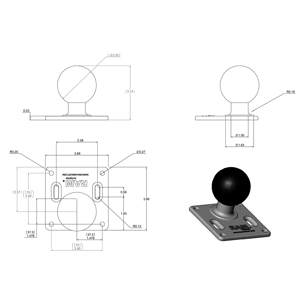RAM Mount 75mm x 75mm VESA 3.625" Plate w/2.25" D Size Ball 2