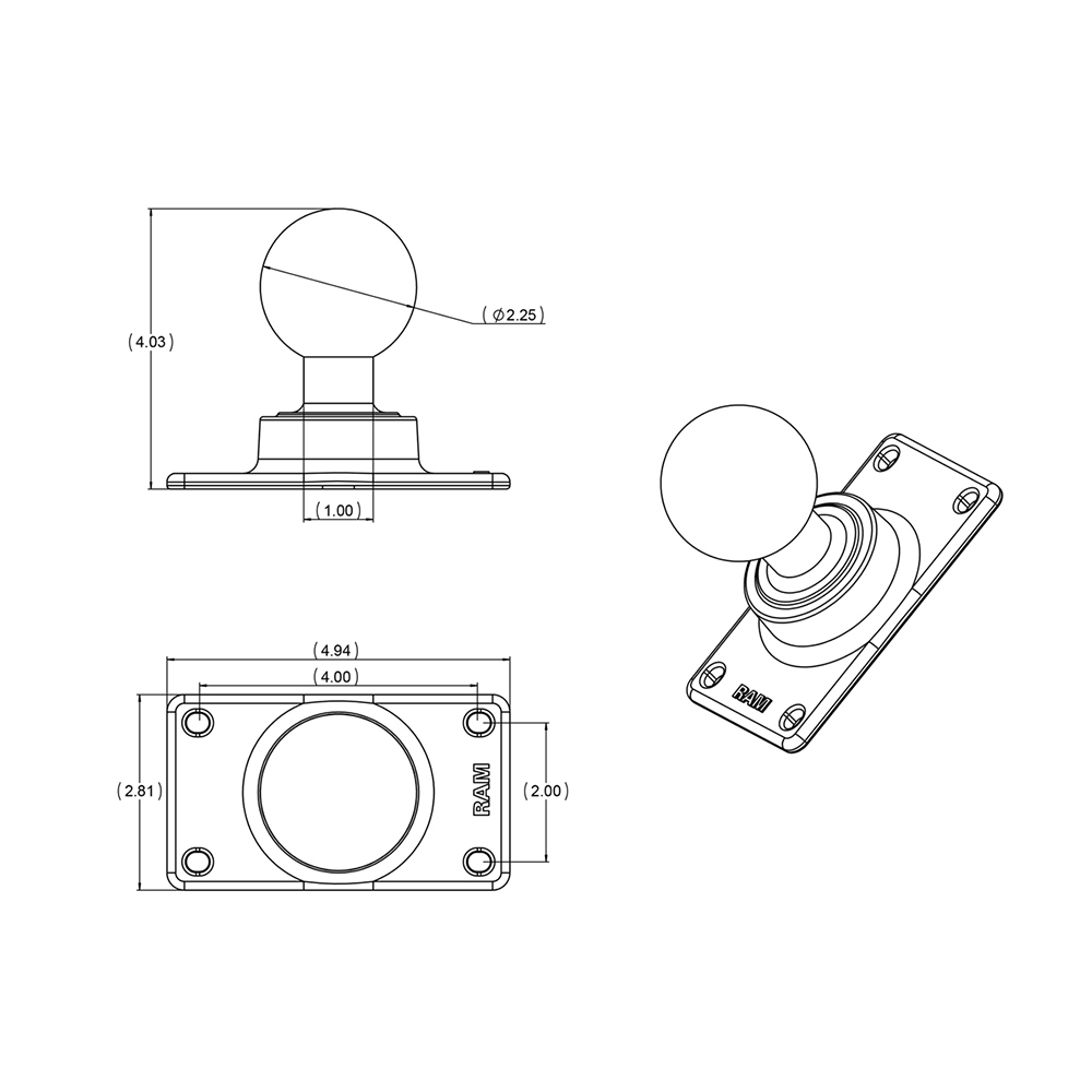 RAM Mount 50mm x 100mm Half VESA Plate Adapter w/D Size 2.25" Ball 2