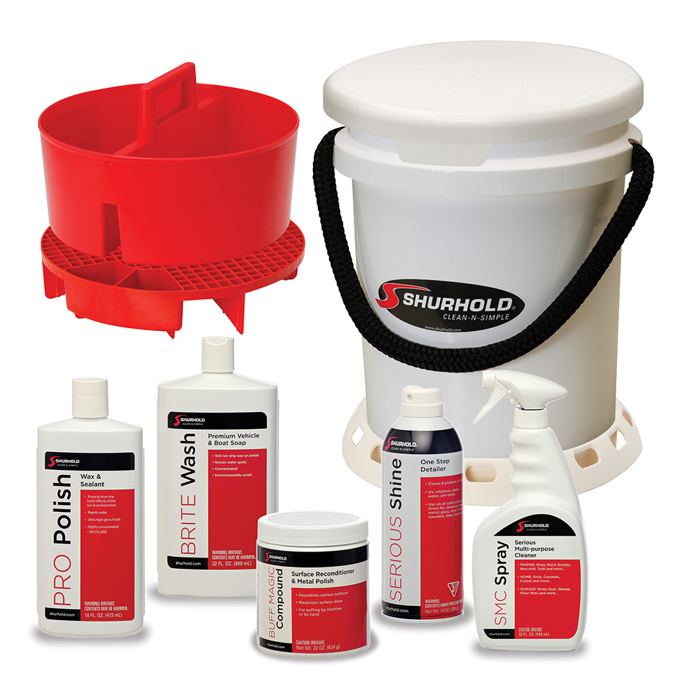 Shurhold 5 Gallon White Bucket Kit - Includes Bucket, Caddy, Grate Seat, Buff Magic, Pro Polish Brite Wash, SMC &amp; Serious Shine 2