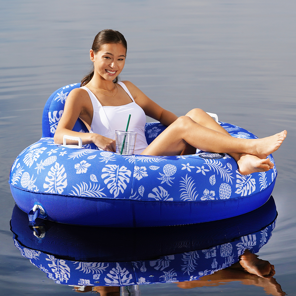 Aqua Leisure Supreme Lake Tube Hibiscus Pineapple Royal Blue w/Docking Attachment
